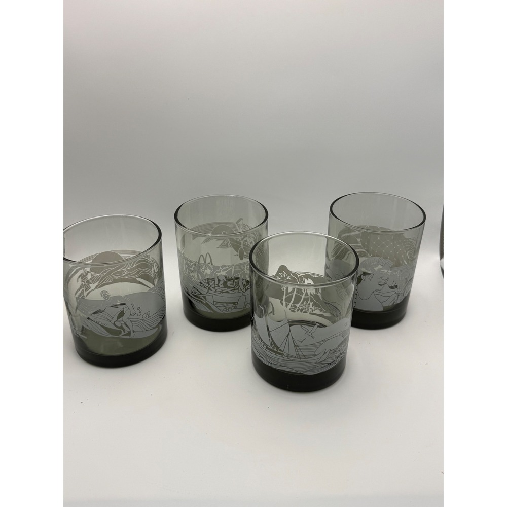 Vintage McDonalds Hawaii Hawaiians and Their Sea Smoked Glass Set of 4 with Box